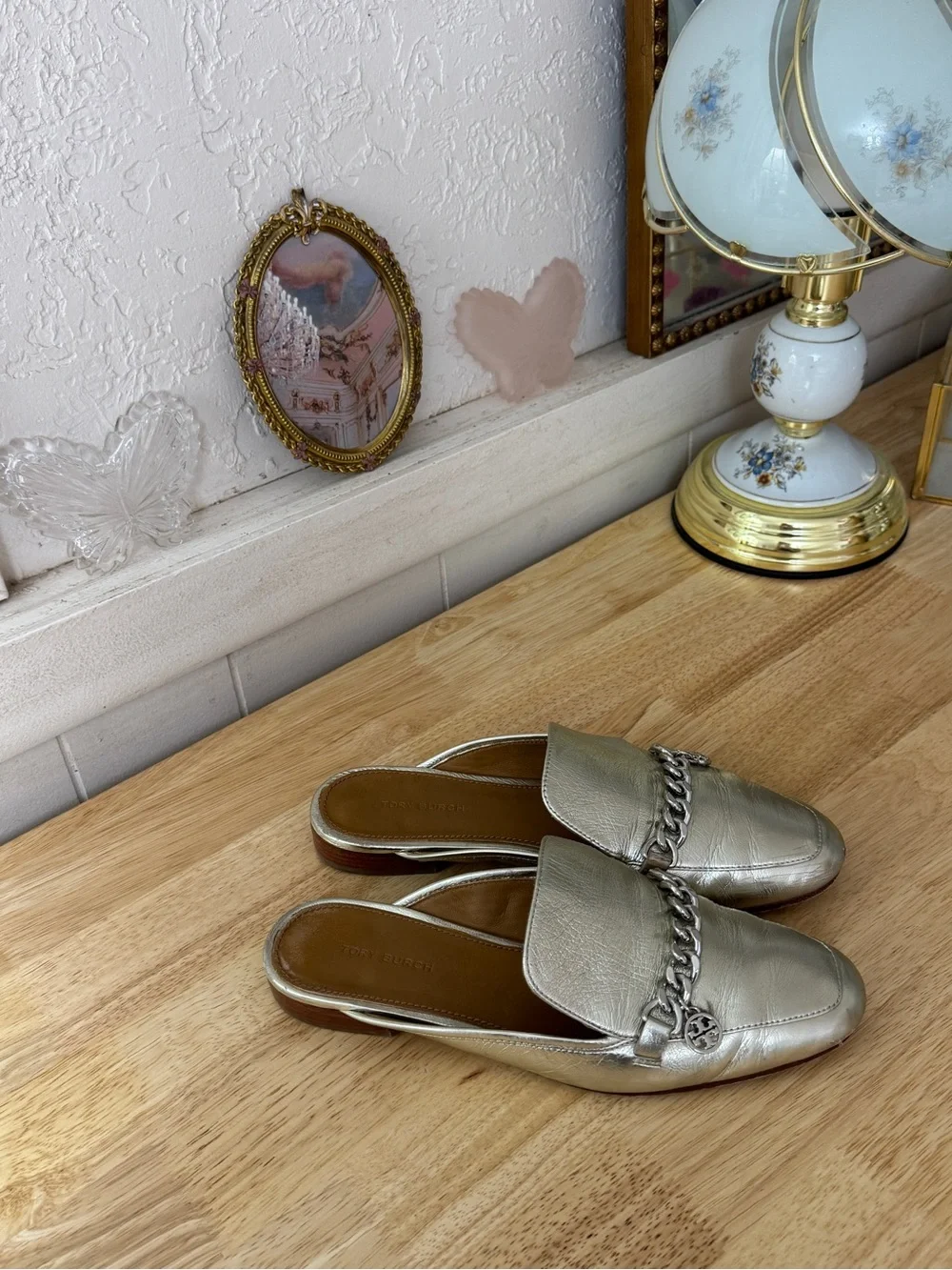 Tory Burch Metallic Silver Leather Chain Loafer Mules Size 7 Classic Minimalist